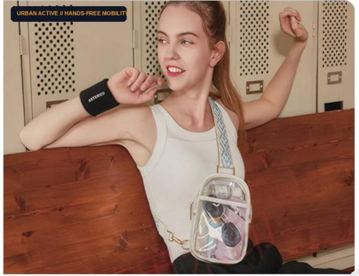 Model wearing a clear TPU crossbody sling